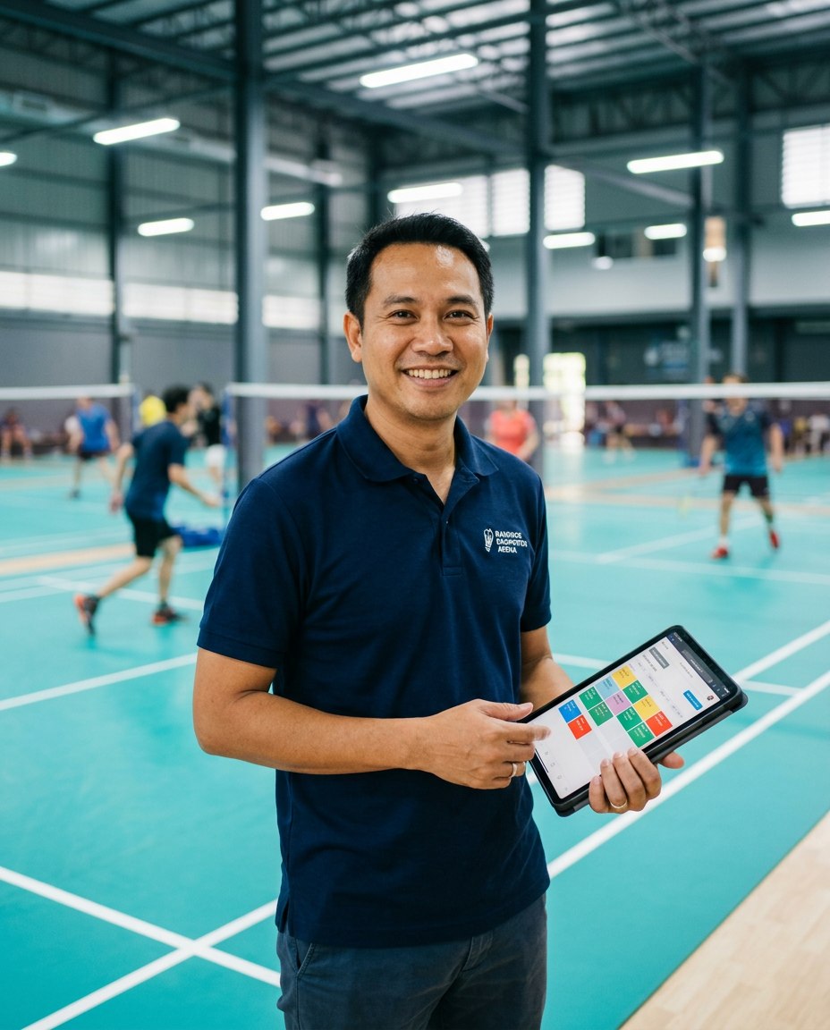 เจ้าของสนามแบดมินตันยิ้มต้อนรับ พร้อมระบบจัดการสนามบนแท็บเล็ต